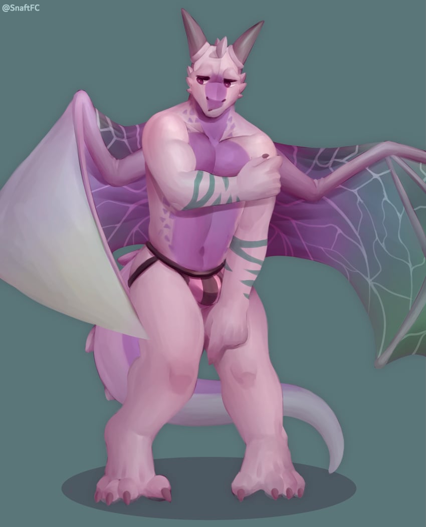 absurd_res anthro blush bulge claws clothing dragon hi_res horn jockstrap male muscular paws pecs purple_body purple_eyes shy snaftfc solo underwear white_body wings