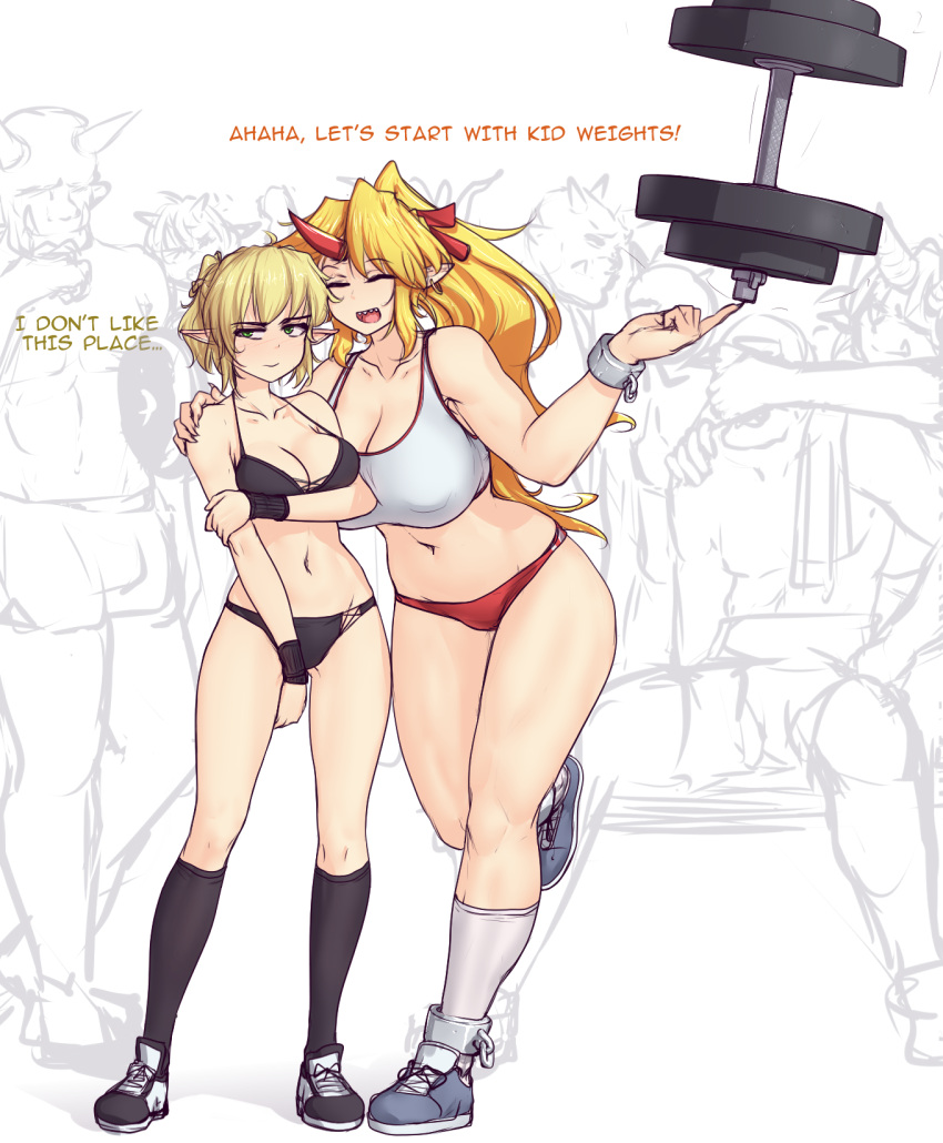 2017 2girls ^_^ bare_shoulders blonde_hair blush bow breasts buruma cleavage closed_eyes clothing crowd cuffs dialogue dumbell earrings english_text eyebrows_visible_through_hair female full_body green_eyes hair_ribbon hand_on_shoulder hater_(hatater) height_difference highres hoop_earrings horn horns hoshiguma_yuugi jewelry kneehighs large_breasts long_ears long_fingernails long_hair looking_away medium_breasts midriff mizuhashi_parsee muscles muscular muscular_female navel oni open_mouth pointy_ears ponytail ribbon sharp_fingernails sharp_teeth shoes short_ponytail single_horn smaller_female sneakers sports_bra sportswear standing strong teeth text thick_thighs thighs tied_hair tongue touhou wristband