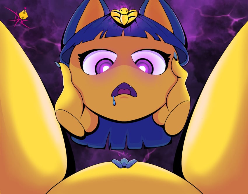 animal_crossing ankha ankha_ride_(minus8) autocunnilingus blue_hair claws dacheese404 disembodied_hands disembodied_head dullahan egyptian fangs furry headless nintendo open_mouth purple_eyes purple_tongue yellow_fur