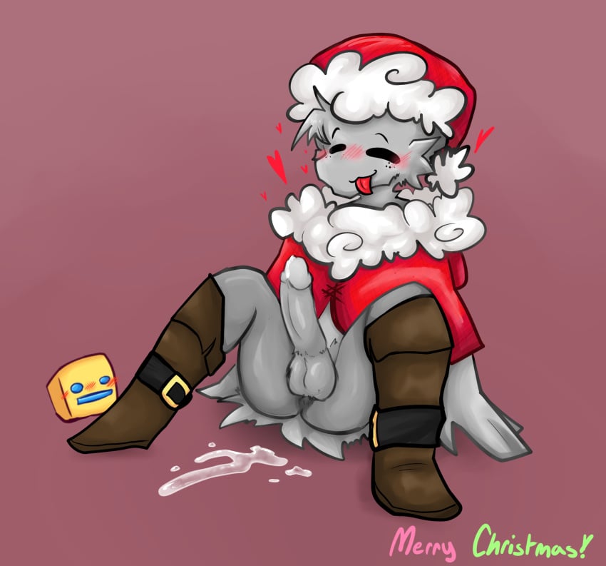 :3 anthro big_penis blush bodily_fluids christmas_clothing christmas_outfit cube cube_4_(geometry_dash) cum cumshot erection fisherthrowa gd genital_fluids geometry_dash heart leaking_cum male penis satisfied submissive_male video_games