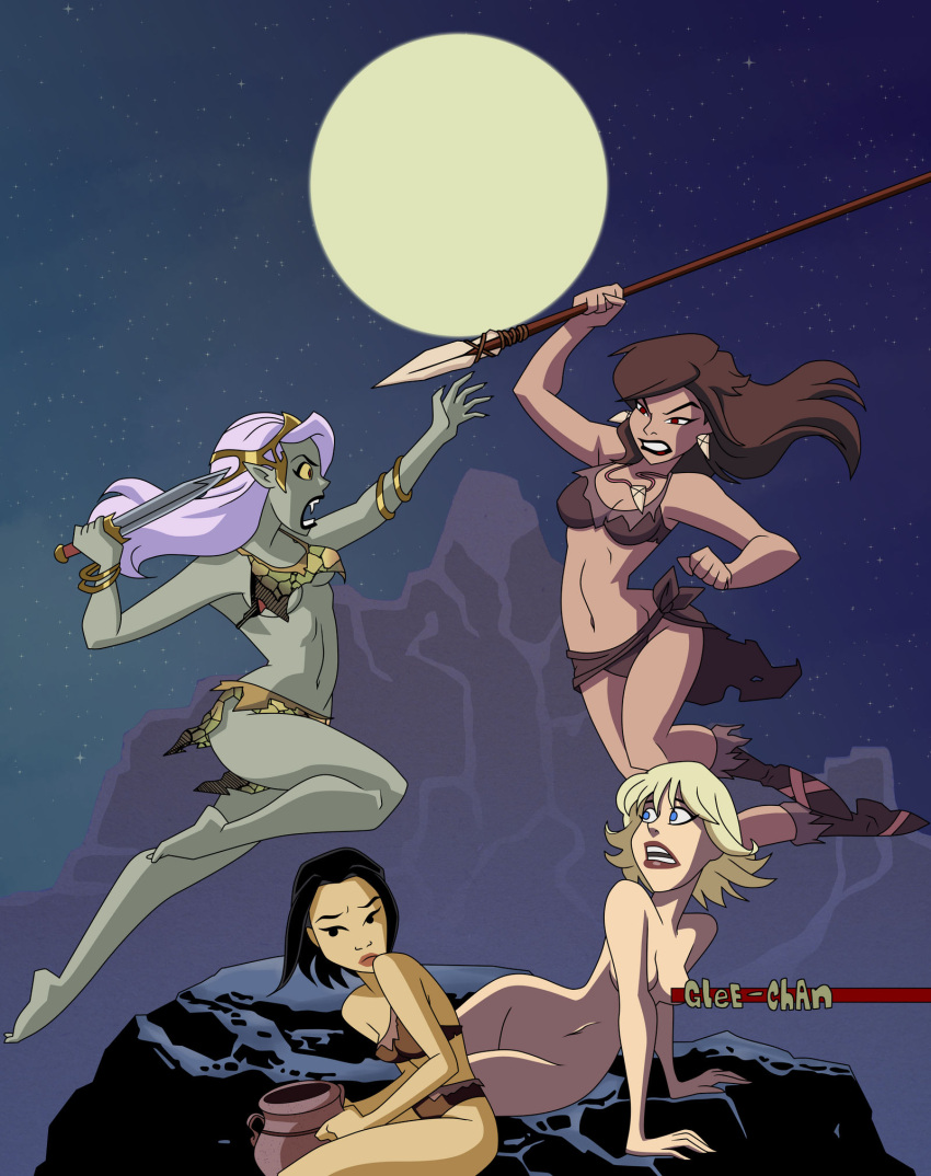 4girls action_pose black_eyes black_hair blonde_hair blue_eyes brown_hair cavegirl cleavage dagger fangs glee-chan green_skin grey_skin large_breasts multiple_girls nude nude_female original original_characters pointy_ears red_eyes silver_hair spear torn_clothes yellow_eyes