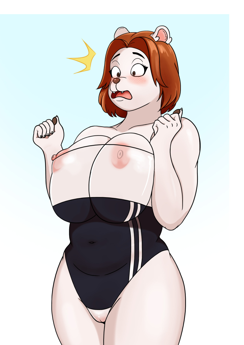 absurd_res anthro areola areola_slip big_breasts blush breast_squish breasts brown_eyes brown_hair clothing female fur genitals gris_swimsuit hair hi_res mammal meme meme_clothing nipple_slip nipples one-piece_swimsuit original_character_do_not_steal pink_areola pink_nipples pussy reverse_gris_swimsuit shocked shocked_expression short_hair simple_background slightly_chubby solo squish swimwear translucent translucent_clothing translucent_swimwear ursid ursine vinzzyart white_body white_fur