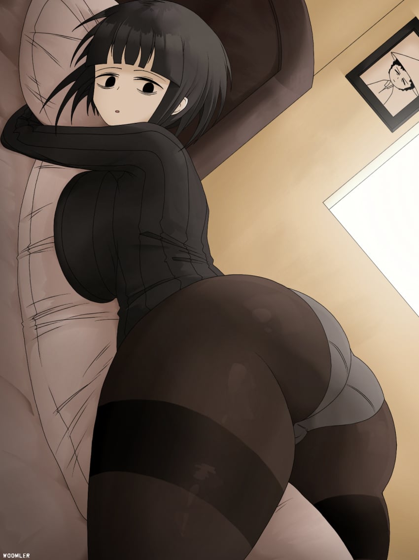 1girls ass ass_focus bed big_ass black_eyes black_hair blossom_hope breasts clothing female large_breasts looking_at_viewer looking_down milf panties pantyhose pillow short_hair thick_ass thighband_pantyhose tomi_washua watermark white_panties woomler