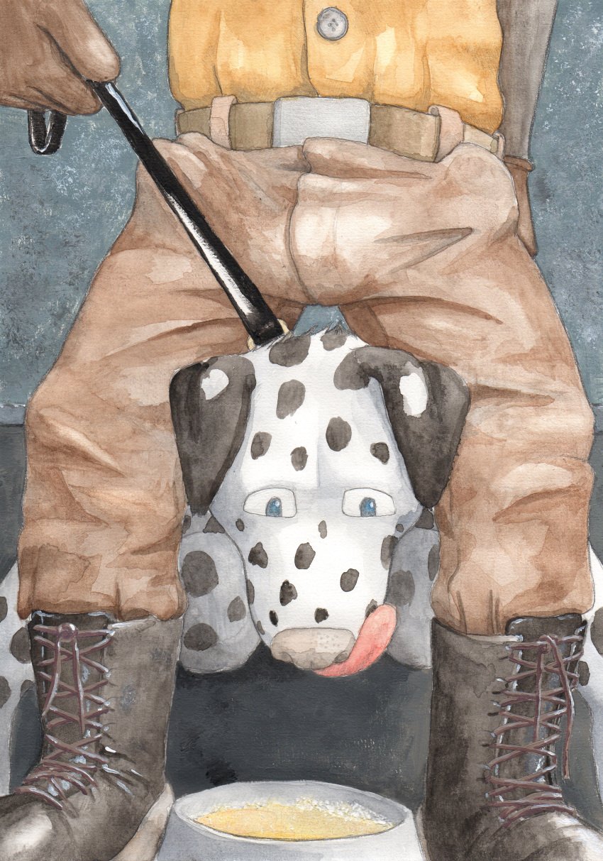 absurd_res acrylic_painting_(artwork) ambiguous_fluids anthro belt between_legs beverage black_ears blue_eyes bodily_fluids bondage boots bulge canid canine canis clothing dalmatian domestic_dog dungeon duo faceless_anthro faceless_character faceless_male footwear genital_fluids gloves handwear hi_res implied_pee kneeling leash leash_pull leather licking licking_lips looking_down male male/male mammal painting_(artwork) peeing pet_bowl submissive tongue tongue_out toohbic traditional_media_(artwork) tuubi uniform urine waiting watercolor_(artwork) watersports