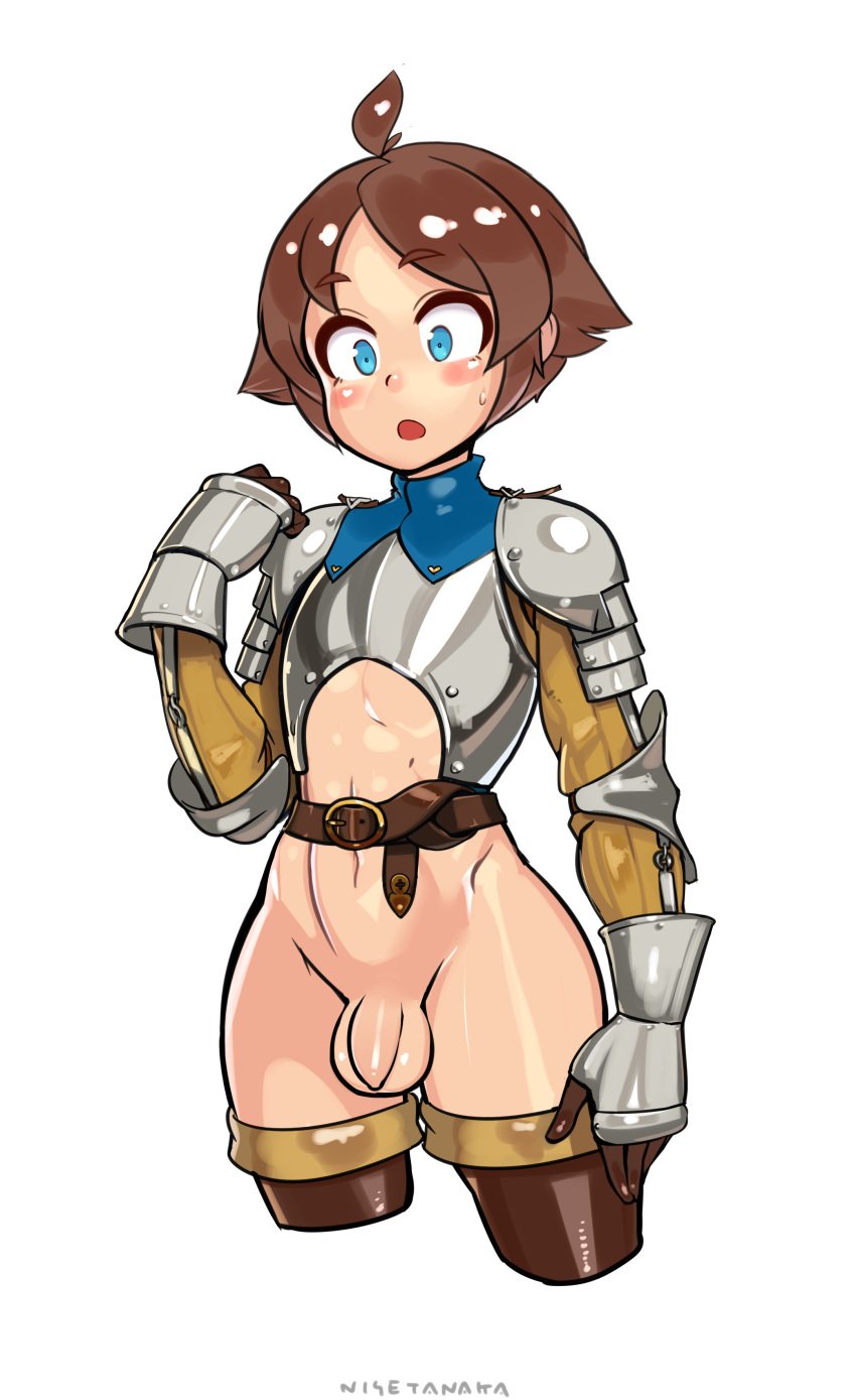 1boy alternate_costume alternate_version_available armor balls blue_eyes blush bottomless brown_hair femboy girly male male_only medieval_armour nisetanaqa original penis squire_boy_(nisetanaqa) thick_thighs thighhighs wide_hips