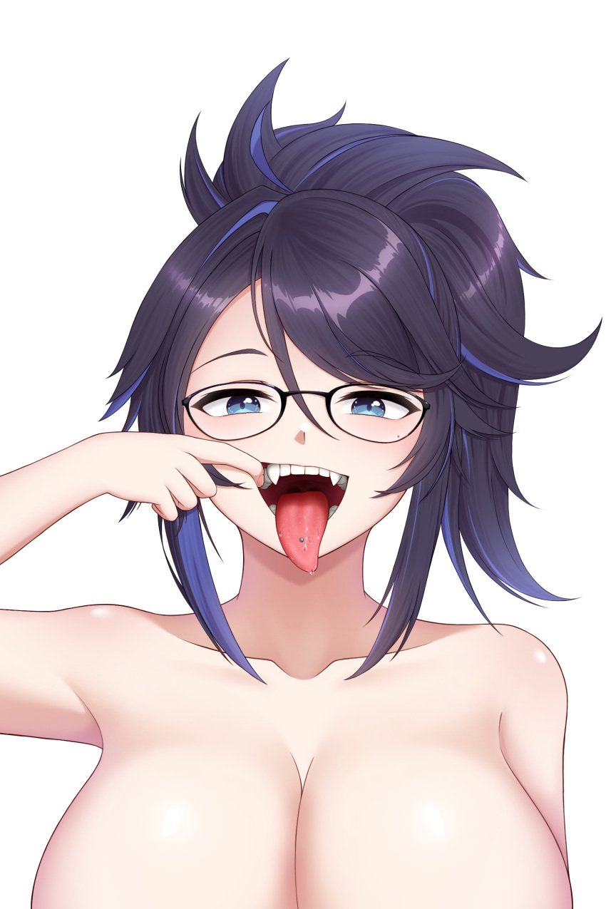 1girls big_breasts black_hair blue_eyes blue_streaks breasts eyebrows_visible_through_hair fangs female female_only finger_in_mouth glasses indie_virtual_youtuber kson_onair light-skinned_female mole_under_eye open_mouth saliva solo tongue_out tongue_piercing upper_body virtual_youtuber vshojo white_background yisusjpl