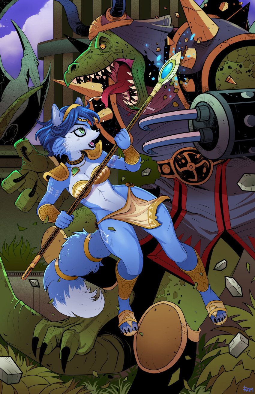 action_pose anthro blue_fur cleavage dinosaur fighting fox_ears fox_girl fox_tail foxgirl furry general_scales green_eyes krystal large_breasts loincloth nintendo no_humans ramartwork sandals sharpclaw spear star_fox white_fur