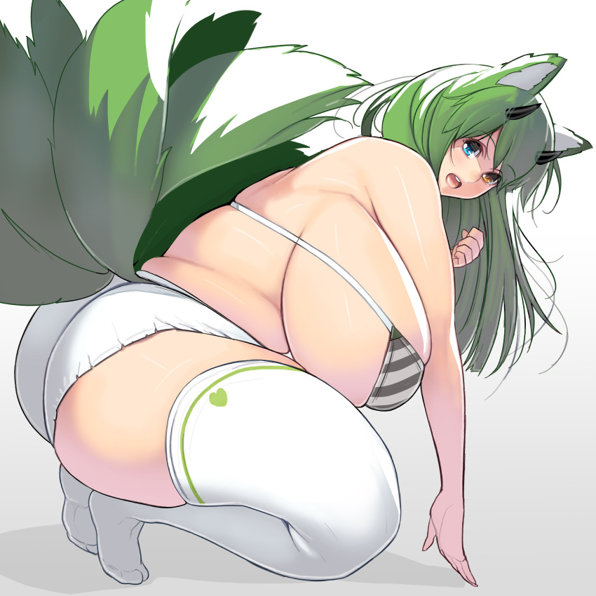 animal_ears bent_over big_ass big_breasts bikini_top female female_only fox_ears fox_girl fox_tail full_body green_hair heterochromia horns huge_ass huge_breasts kemonomimi kitsune long_hair looking_at_viewer masao multiple_tails open_mouth original panties plump sideboob solo squatting tail thick_thighs thighhighs white_legwear white_panties white_thighhighs