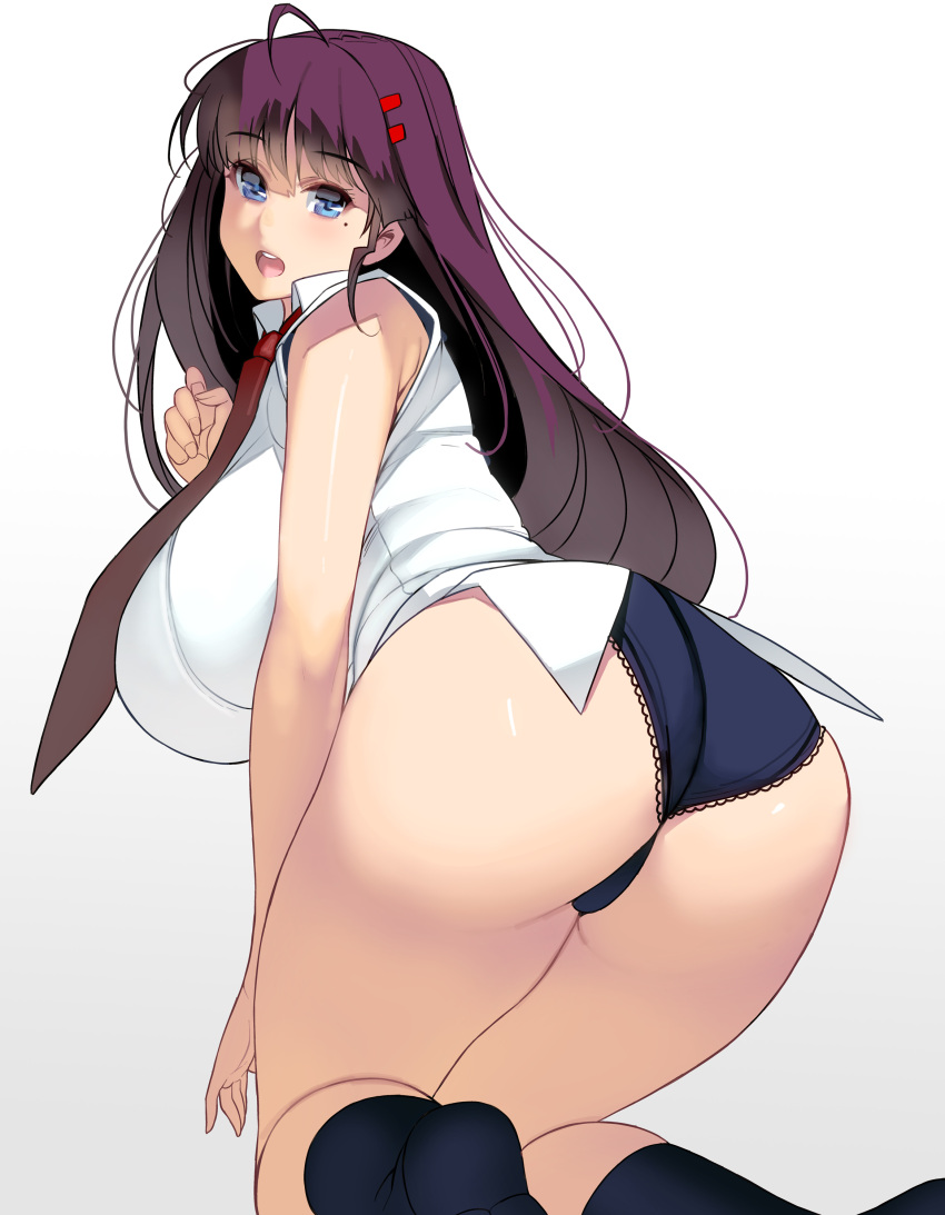 ass_focus big_ass big_breasts black_panties blue_eyes female female_only hairclip huge_breasts kneeling lace-trimmed_panties long_hair looking_at_viewer looking_back masao mole_under_eye necktie open_mouth original panties purple_hair sleeveless socks solo thick_thighs