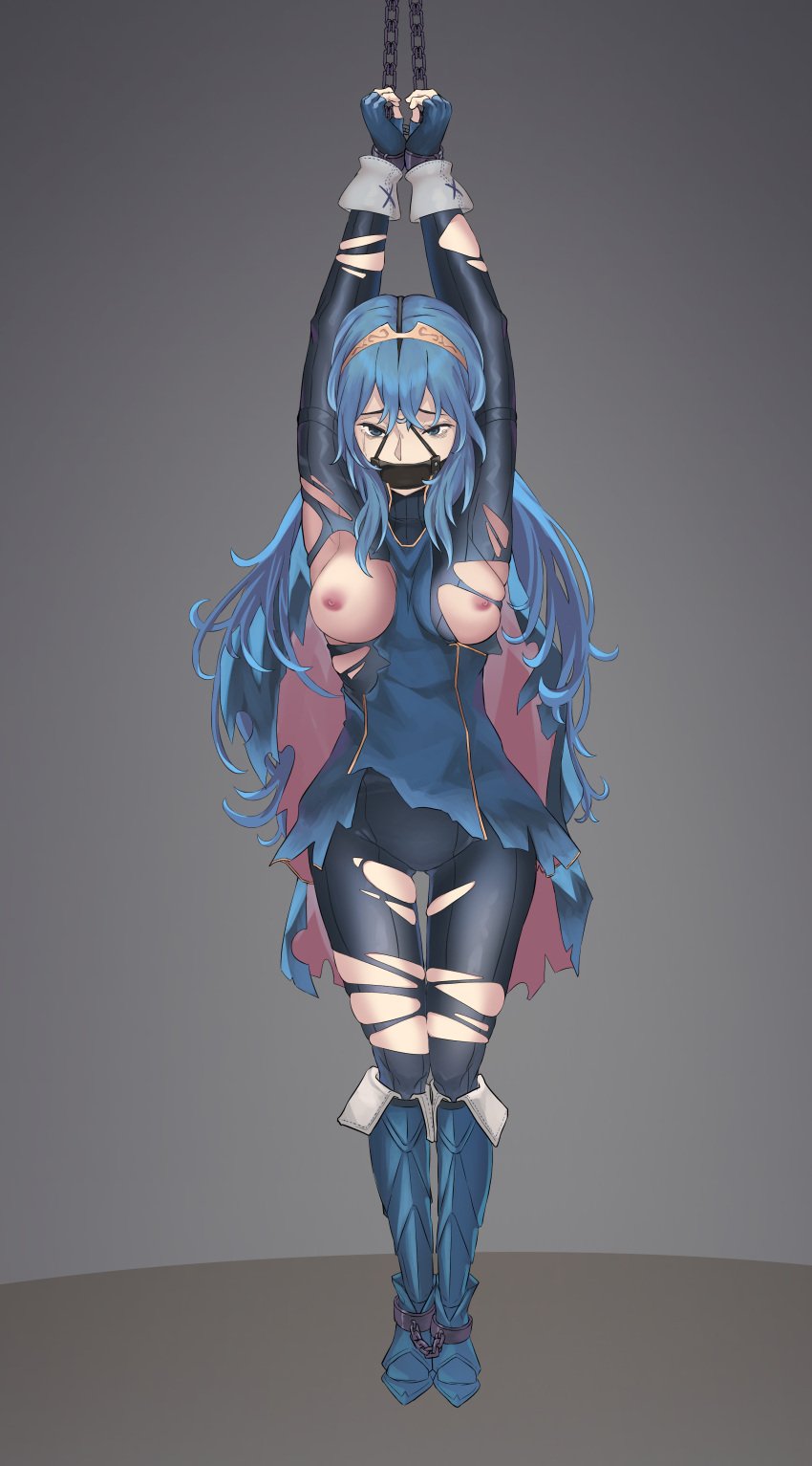 1girls arms_up ass_visible_through_thighs blue_eyes blue_hair bondage bondage_gear boots breast_grab breasts breasts_out callujy crying cuff_(restraint) cuffs defeated defeated_heroine exposed_breasts female_only femsub fingerless_gloves fire_emblem fire_emblem_awakening gag gloves harness_gag looking_at_viewer lucina_(fire_emblem) medium_breasts nintendo nipples pants shackles solo tiara torn_clothes torn_clothing torn_pantyhose