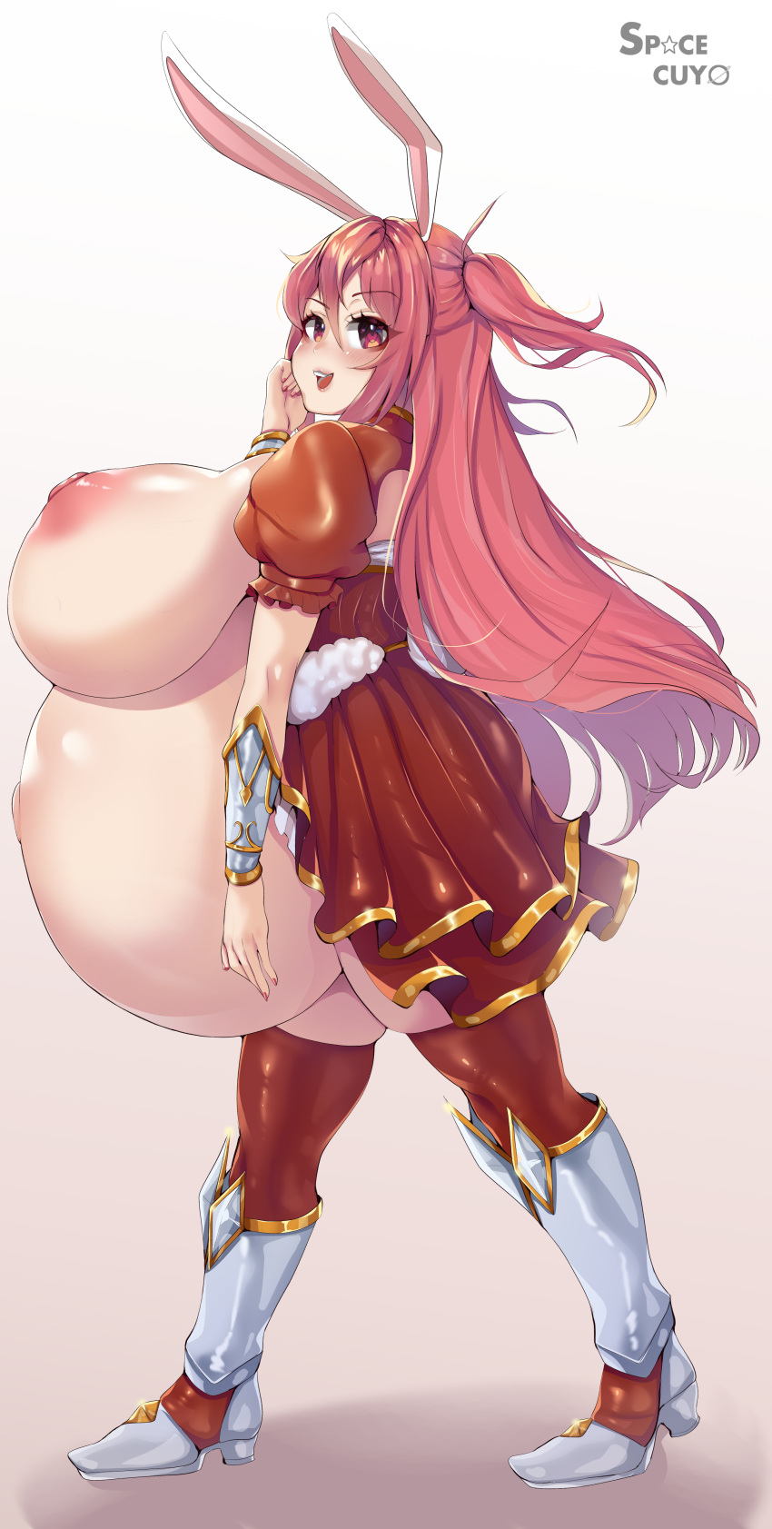 armor big_breasts blush boots bunny_ears bunny_girl female female_only full_body gigantic_breasts huge_belly huge_breasts hyper hyper_belly hyper_pregnancy large_areolae long_hair looking_at_viewer no_bra open_clothes original pink_eyes pink_hair pleated_skirt pregnant puffy_sleeves short_sleeves smile solo space_cuyo standing thighhighs tied_hair