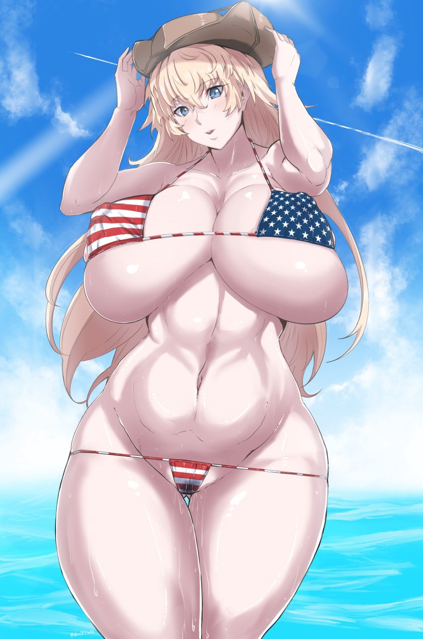 absurdres american_flag_bikini bikini blonde_hair blue_eyes breasts cleavage female flag_print highres huge_breasts long_hair original solo swimsuit tomoki tomoki_(dais729sof) very_long_hair