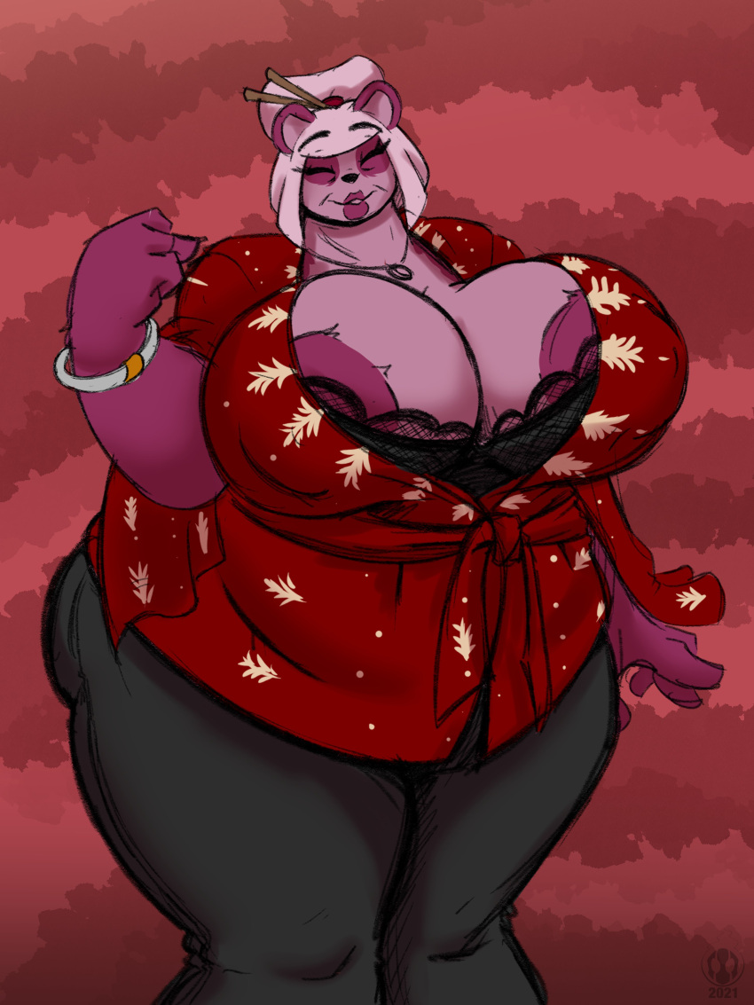 2021 3:4 absurd_res age_difference bear brewheardt chopsticks closed_eyes eyes_closed female fur furry giant_panda hair hair_bun hi_res kiki_(brewheardt) lips mammal mature_female nipple_outline nipples older_female pink_body pink_fur ursid