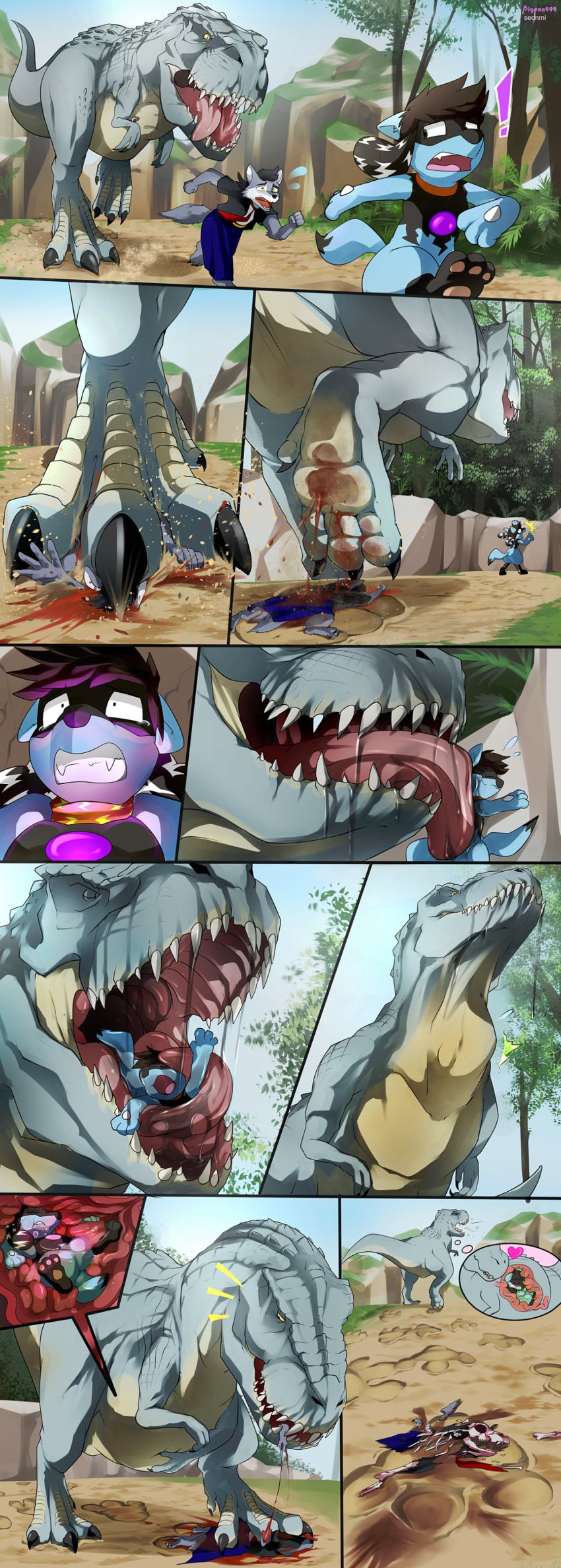 ! absurd_res ambiguous_gender anthro anthro_prey belly big_belly blood bone canid canine comic death digital_media_(artwork) dinosaur fatal feet feral feral_pred hard_vore hi_res inside inside_stomach internal king_kong_(2005) king_kong_(series) licking licking_face male male_prey mammal open_mouth pokémon_(species) pokemon reptile riolu scalie seonmi skull soft_vore stomach stomping swallowing theropod tongue vastatosaurus_rex vore wolf x-ray