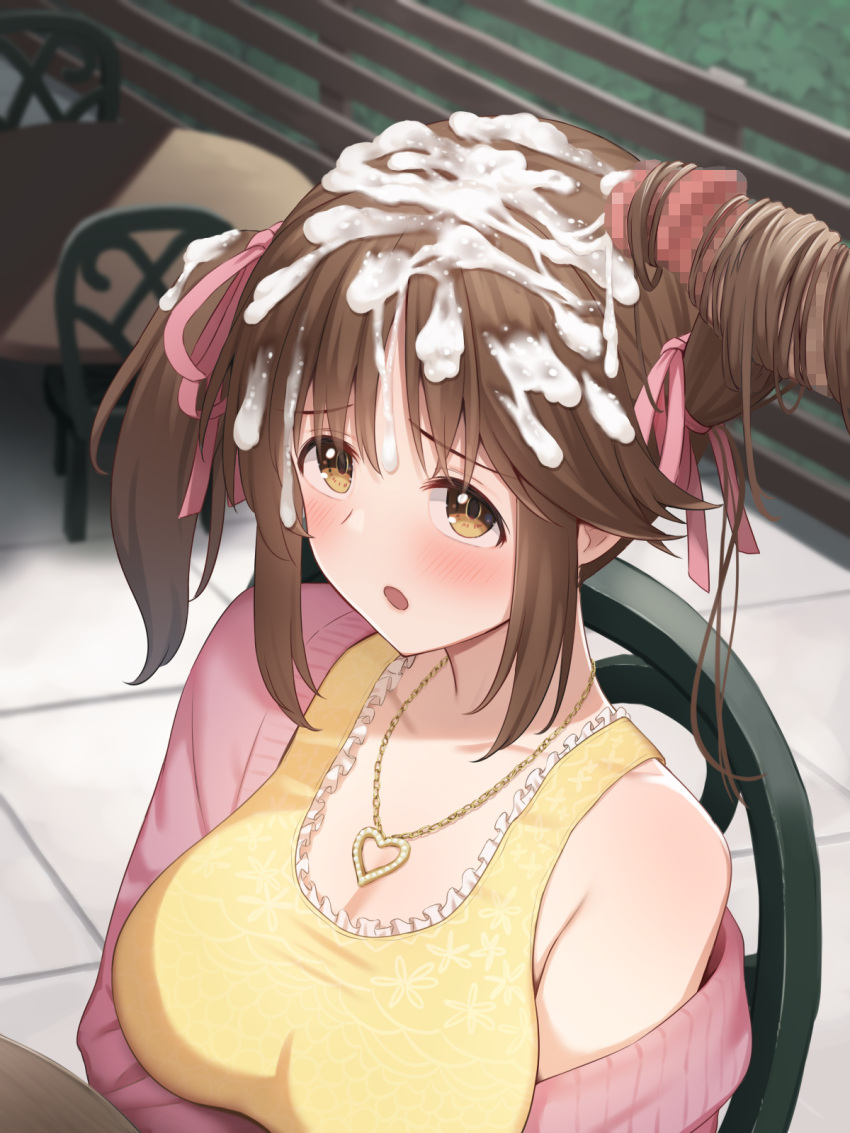 blurry blush breasts brown_eyes brown_hair censored chair cum cum_on_hair depth_of_field female frown hair_ribbon hairjob heart heart_necklace highres idolmaster kurowan large_breasts long_hair mosaic_censoring off_shoulder penis ribbon scrunchie solo_focus table totoki_airi twintails