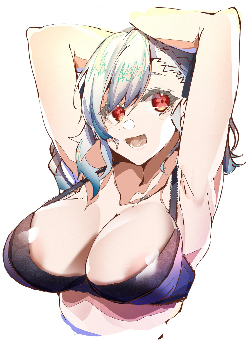 :d absurdres armpits arms_up black_bra bra breasts e_sky_rugo female girls&#039;_frontline grey_hair highres large_breasts looking_at_viewer medium_hair open_mouth red_eyes simple_background smile solo spas-12_(girls&#039;_frontline) underwear upper_body white_background