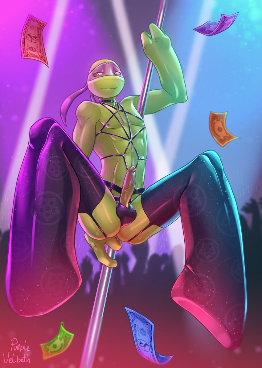 absurd_res anthro ass balls banknote clothing dancing donatello_(tmnt) erection genitals hi_res leg_stockings lingerie male male_only money penis pole pole_dancing purplevelbeth reptile scalie shell-less solo strip_club teenage_mutant_ninja_turtles teenage_mutant_ninja_turtles_(2012) tmnt_2012 turtle