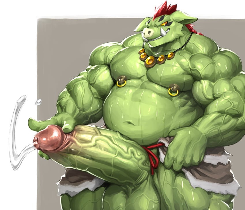 2022 abs anthro armor balls barazoku belly biceps big_balls big_belly big_muscles big_pecs big_penis boar bodily_fluids border clothed clothing crotchless_clothing dripping erection fur genital_fluids genitals green_body green_fur grey_background hair hi_res huge_balls huge_cock huge_muscles humanoid humanoid_genitalia humanoid_penis jewelry kuroma leather leather_armor looking_at_viewer male male_only mammal musclegut muscular muscular_anthro muscular_male navel necklace nipple_piercing nipple_ring nipples obliques orc pecs penis piercing precum precum_drip pteruges quads red_hair simple_background smile solo standing suid suina sus_(pig) sweat teeth thick_penis thick_thighs topless topless_anthro topless_male tuft tusks unconvincing_armor vein veiny_balls veiny_muscles veiny_penis white_border wild_boar yellow_sclera