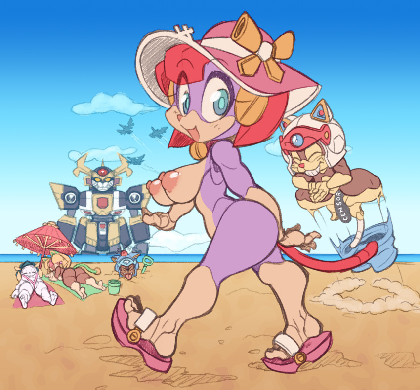 2021 3girls anthro ass beach breasts caprine casual cat curvaceous felid feline female francine_manx furry guido_anchovy hat hi_res horns lucille_(samurai_pizza_cats) lying male mammal mecha nipples nude on_front on_towel pink_fur pizzacat polly_esther red_hair robot samurai_pizza_cats sand seaside sheep short_hair speedy_cerviche tail thick_thighs towel wide_hips