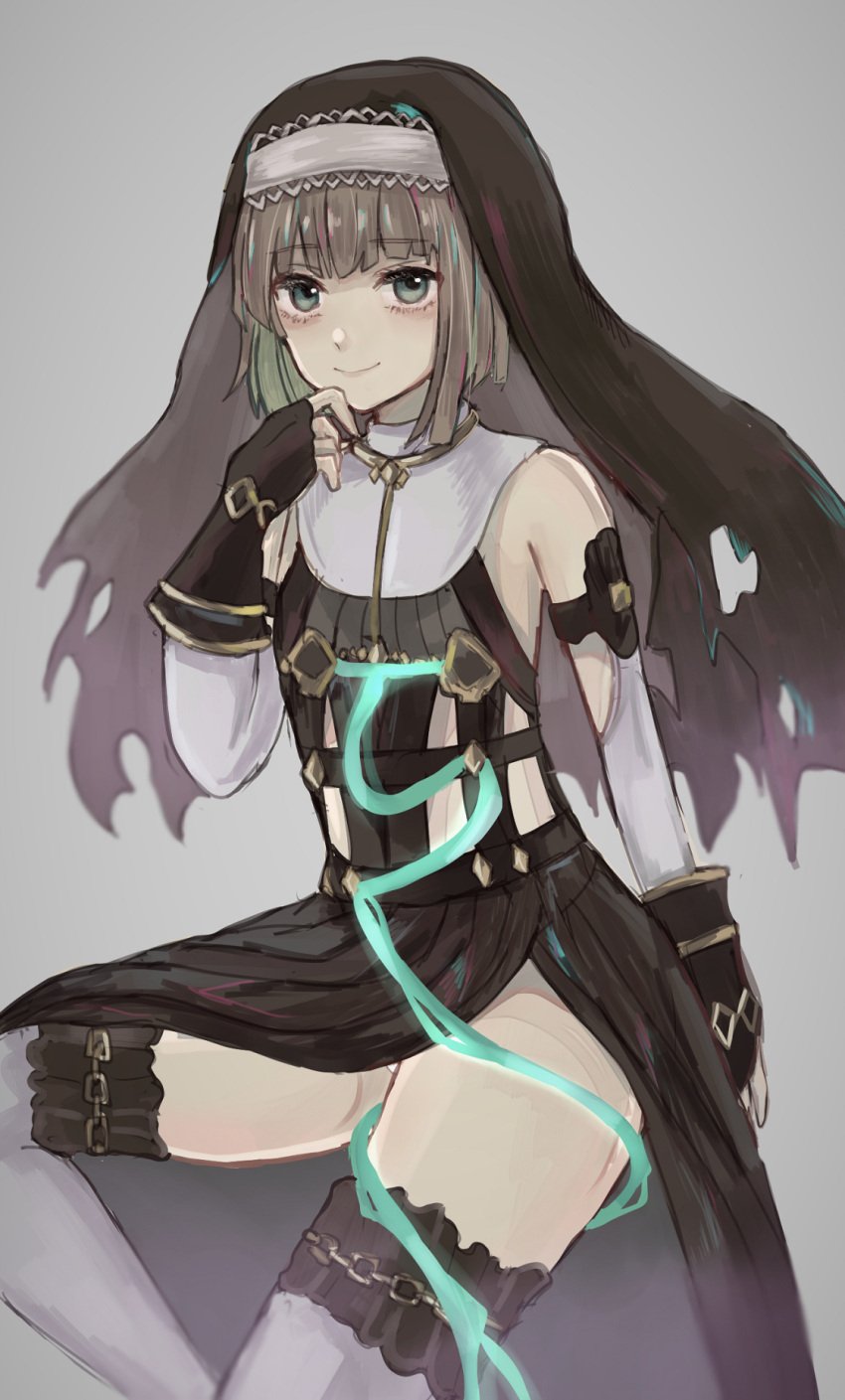 1boy akitama2727 bangs bare_shoulders brown_hair closed_mouth crossdressing elbow_gloves femboy gloves green_eyes gretel_(sinoalice) grey_background hair_between_eyes hand_on_chin hat highres looking_at_viewer male_focus male_only nun panties short_hair simple_background sinoalice smile solo thick_thighs thighhighs torn_clothes trap underwear white_legwear white_panties