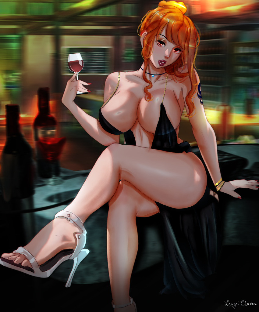 1girls artist_name bare_legs black_dress classy cocktail_dress collar curvy_female date dress facing_viewer feet female female_only feminine high_heels impossible_dress indoors large_breasts lasgaclaven looking_at_viewer nami no_bra no_socks one_piece open_toe_shoes orange_eyes orange_hair parted_lips red_lips revealing_clothes shoes shoulder_tattoo sitting sleeveless_dress solo solo_female toes wine_glass