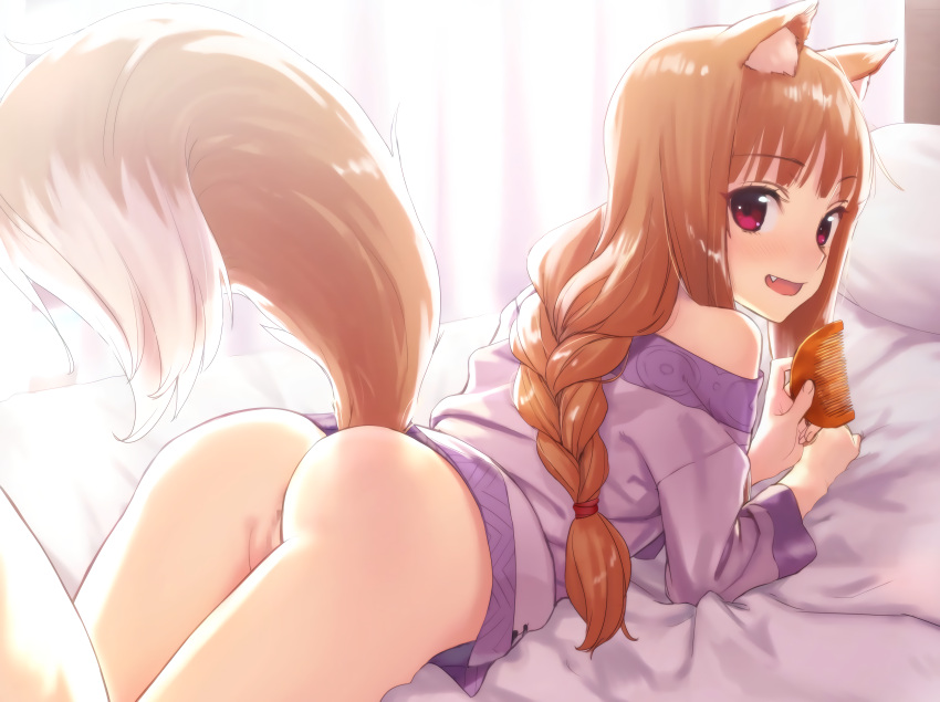 1girls absurdres animal_ear_fluff animal_ears ass bangs blush bottomless censored clothing eyebrows_visible_through_hair female from_behind highres holo kawakami_rokkaku long_hair looking_at_viewer looking_back mosaic_censoring oerba_yun_fang on_stomach open_mouth pussy red_eyes smile solo spice_and_wolf tagme tail wolf_ears wolf_girl wolf_tail