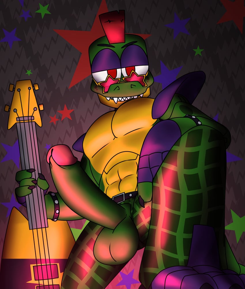 abs abstract_background absurd_res alligator alligatorid animatronic balls belt big_penis boner clothing crocodilian erection eyewear fingerless_gloves five_nights_at_freddy's five_nights_at_freddy's:_security_breach genitals gloves handwear hi_res humanoid_genitalia humanoid_penis looking_at_viewer machine male male_only mohawk montgomery_gator_(fnaf) muscular musical_instrument pecs penis red_eyes reptile robot scalie scottgames sharp_teeth shoulder_pads solo sunglasses t6ktal teeth video_games