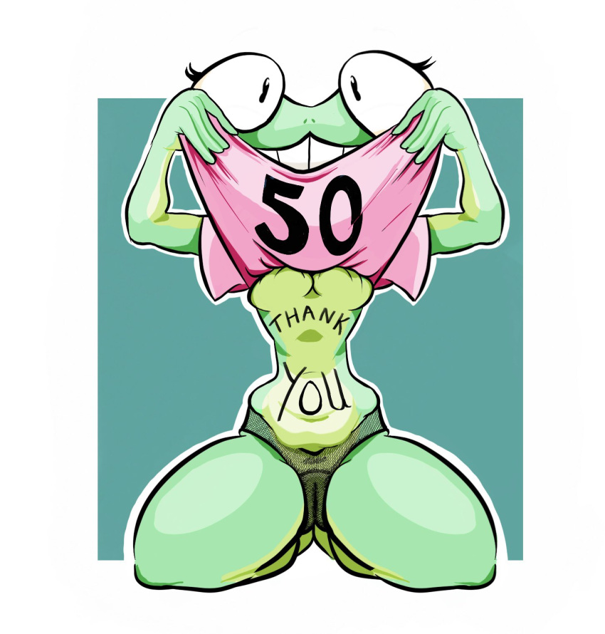 amphibian anthro belly biphony_(rubbish_chameleon) breasts clothed clothing female frog hi_res mesh_underwear raised_clothing raised_shirt raised_topwear rubbish_chameleon shirt smile solo thick_thighs topwear