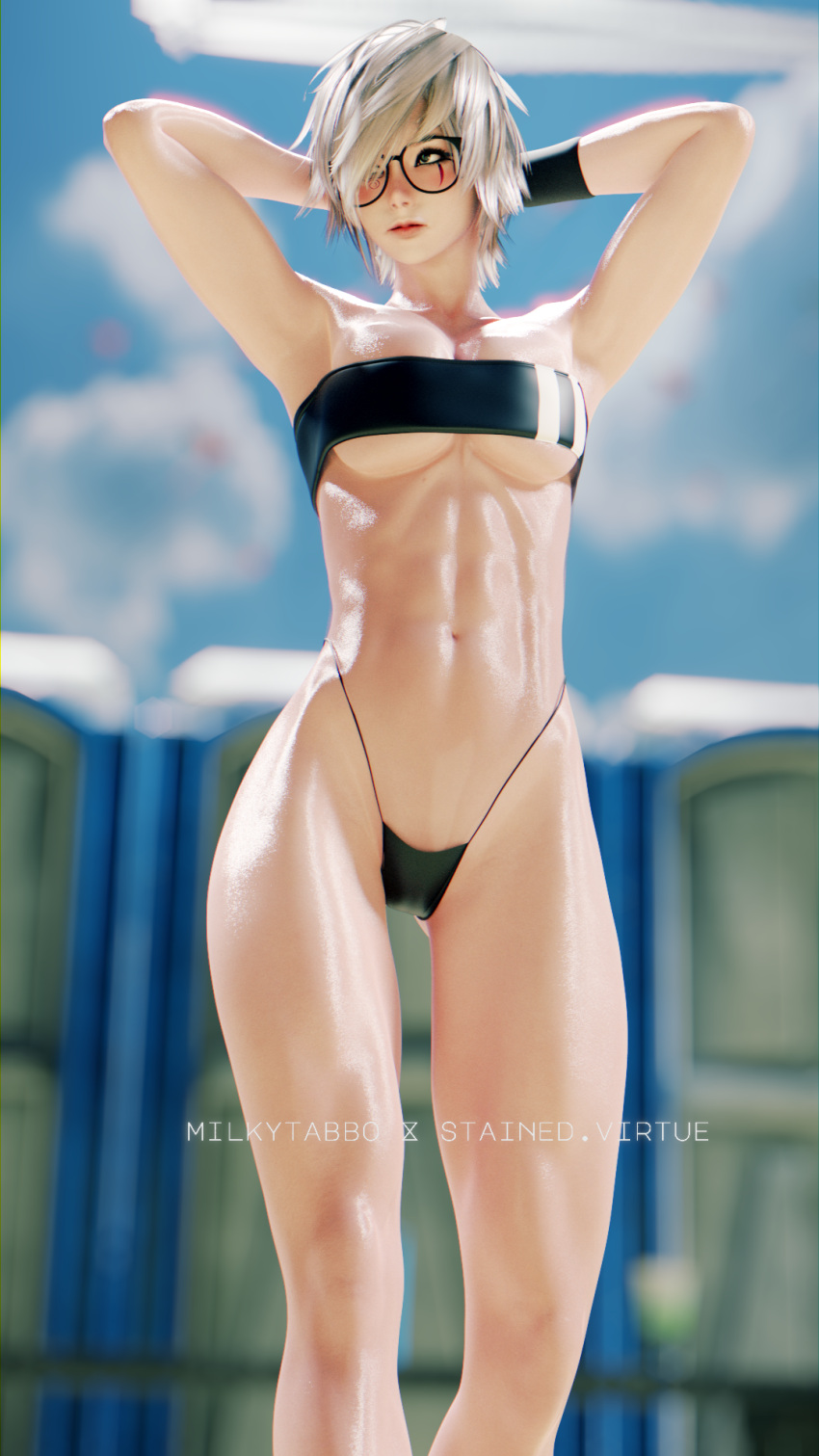 3d abs armpits arms_up beach blender fit fit_female glasses gris_swimsuit milkytabbo muscle muscles original_character sunny swimsuit thighs white_hair