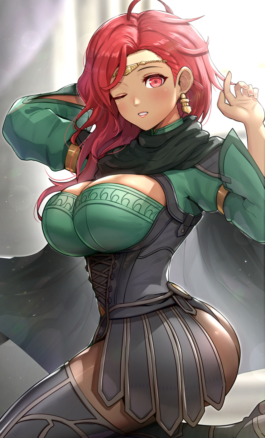 1girls ahoge ass big_ass black_panties boots breasts cleavage commentary_request dark-skinned_female dark_skin diadem earrings female female_only fire_emblem fire_emblem:_three_houses gonzarez hair_over_shoulder hapi_(fire_emblem) highres jewelry kneeling large_breasts long_hair long_sleeves looking_at_viewer medium_hair nintendo one_eye_closed panties pantyhose red_eyes red_hair solo thigh_boots thighhighs