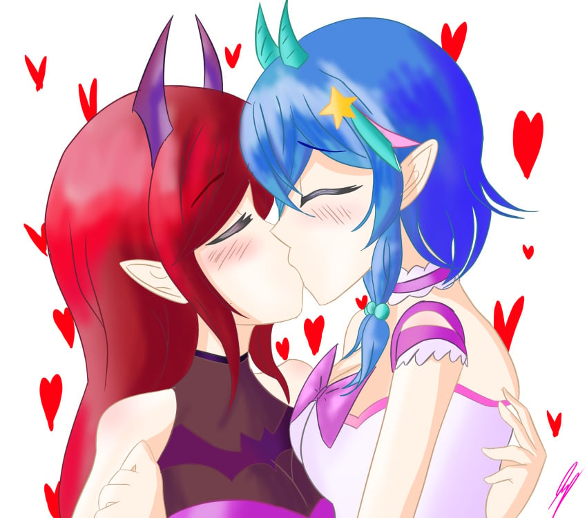 2girls anime_onegai blue_hair blush closed_eyes demon_girl dengeki_onegai female_only heart hearts highres hoku_roboto horns incest kissing latam_virtual_youtuber long_hair manami_onikiri pointy_ears red_hair short_hair simple_background succubus virtual_youtuber white_background yuri