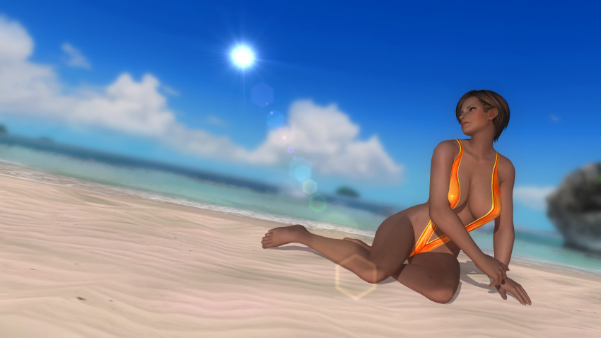 1girls 3d beach brown_eyes brown_hair cleavage dark-skinned_female dead_or_alive huge_breasts kneeling latina lisa_hamilton long_hair seaside short_hair thatsilkyboy voluptuous