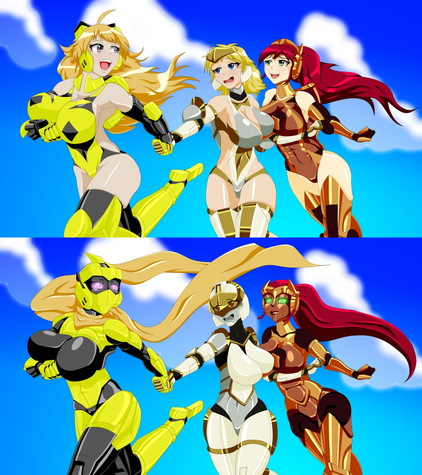 2022 female female_jaune_arc_(rwby) genderswap genderswap_(mtf) high_ponytail jaune_arc large_ass large_breasts lips long_hair machine mankor ponytail pyrrha_nikos red_hair robot_girl robotization rule_63 rwby shiny_hair shiny_skin thick_thighs transformation wide_hips yang_xiao_long