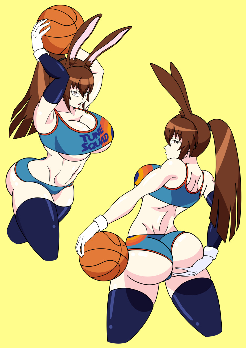 2022 arm_warmers basketball basketball_uniform big_ass big_breasts brown_hair bubble_butt bunny_ears bunny_girl fat_ass gloves grabbing_own_ass heart-shaped_pupils lola_bunny_(cosplay) long_hair looking_at_viewer looking_back looking_back_at_viewer ponytail rwby shiny_skin short_shorts sideboob space_jam sports_uniform sportswear thick_thighs thighhighs tkb_nsfw underboob velvet_scarlatina