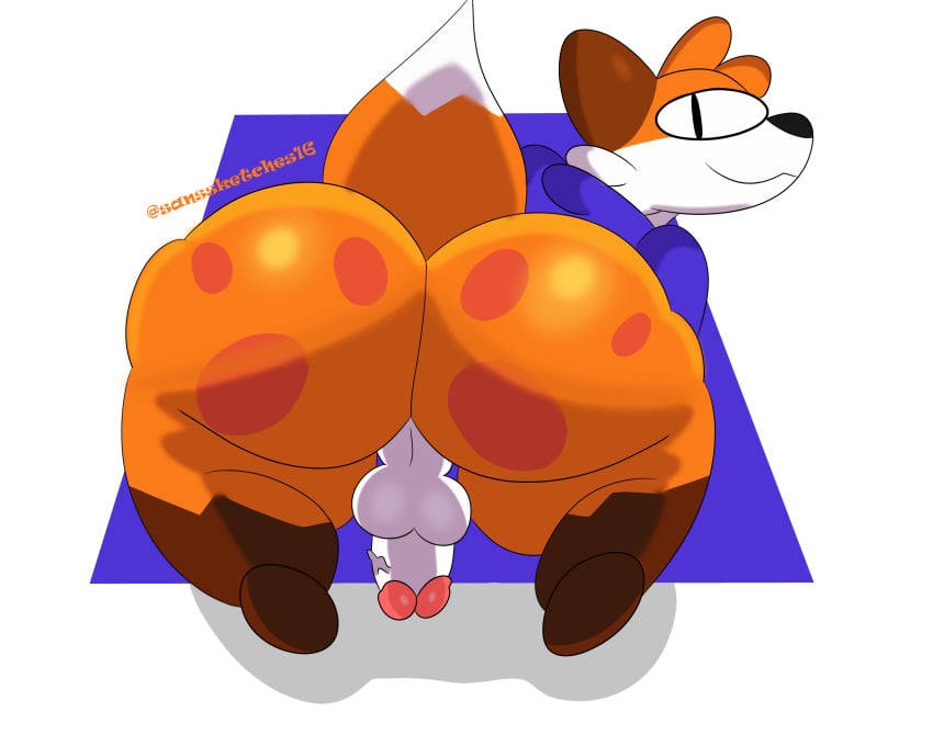 anthro ass balls big_butt blue_clothing butt_focus canid canine clothing fat fluffy fluffy_tail fox fur genitals hair hi_res hoodie huge_butt looking_at_viewer looking_back male male/male mammal orange_body orange_fur orange_hair patterned_fur penis red_fox saggy_balls sanssketches16 shortstack smug solo soups_(superiorfox) thick_thighs topwear vein veiny_penis white_penis wide_hips