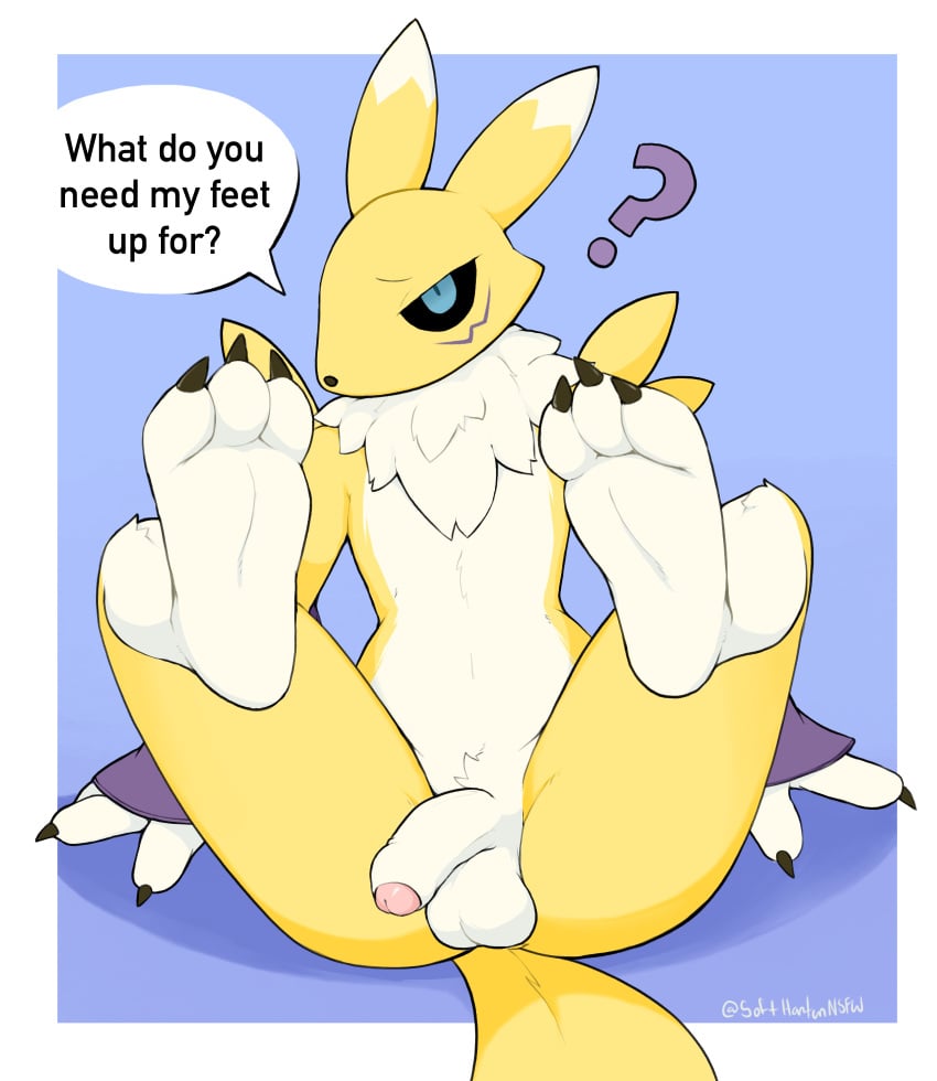 3_toes ? anthro armwear balls bandai_namco black_sclera blue_eyes bridal_gauntlets chest_tuft clothing crotch_tuft dialogue digimon digimon_(species) dipstick_ears english_text feet foreskin fur furry furry_only genitals hi_res humanoid_genitalia humanoid_penis looking_at_viewer male male_only male_renamon mostly_nude multicolored_ears neck_tuft nude penis renamon signature simple_background sitting softhanten soles solo tail text toes tuft yellow_body yellow_fur