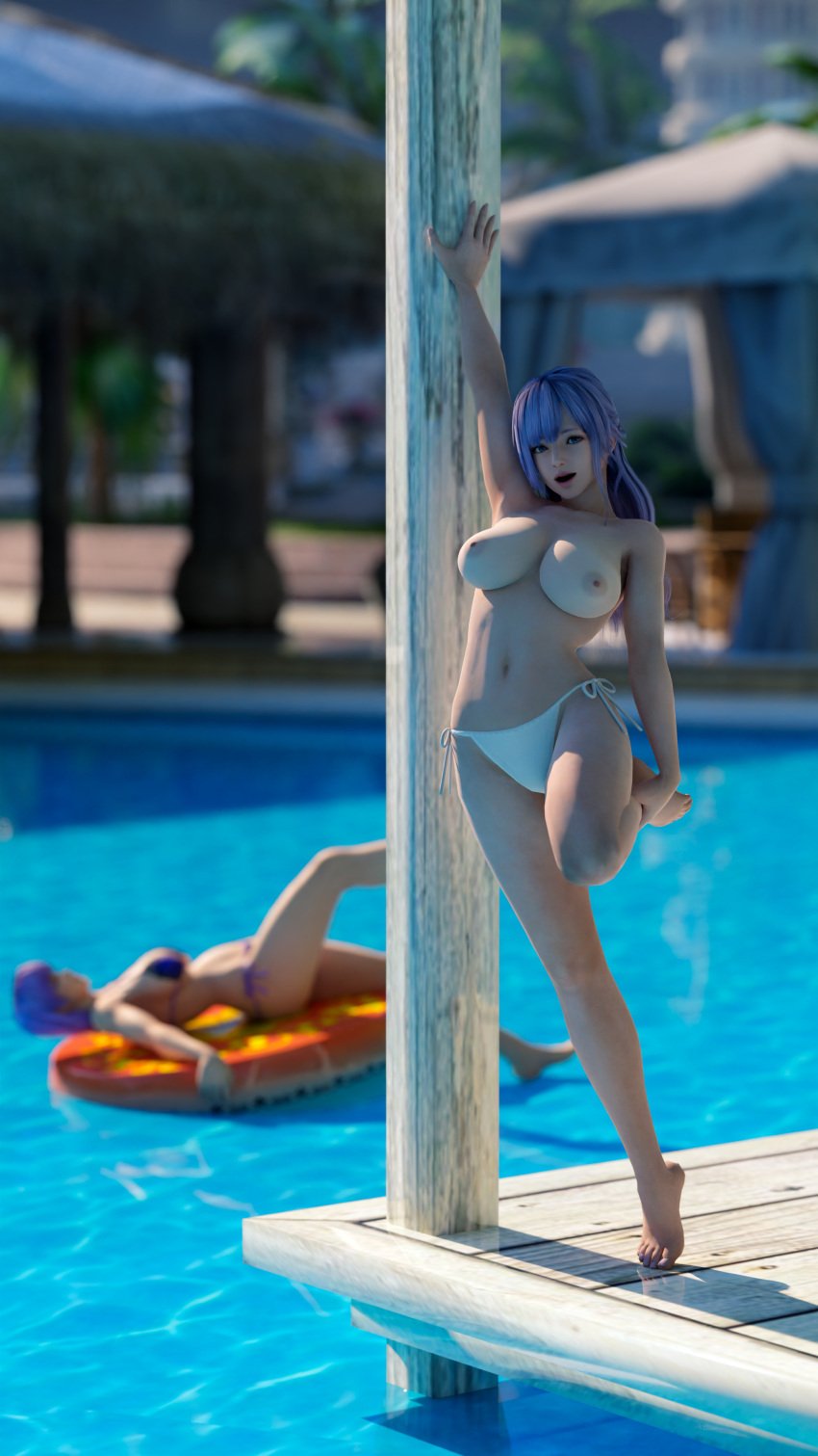 2girls 3d ayane_(doa) bikini_bottom blue_eyes dead_or_alive dead_or_alive_xtreme_venus_vacation exhibition exhibitionism exhibitionist exposed fiona_(doa) flashing floating huge_breasts lavender_hair looking_at_viewer outdoors outside pool pool_toy public public_exposure public_nudity purple_hair relaxing topless voluptuous xeexk