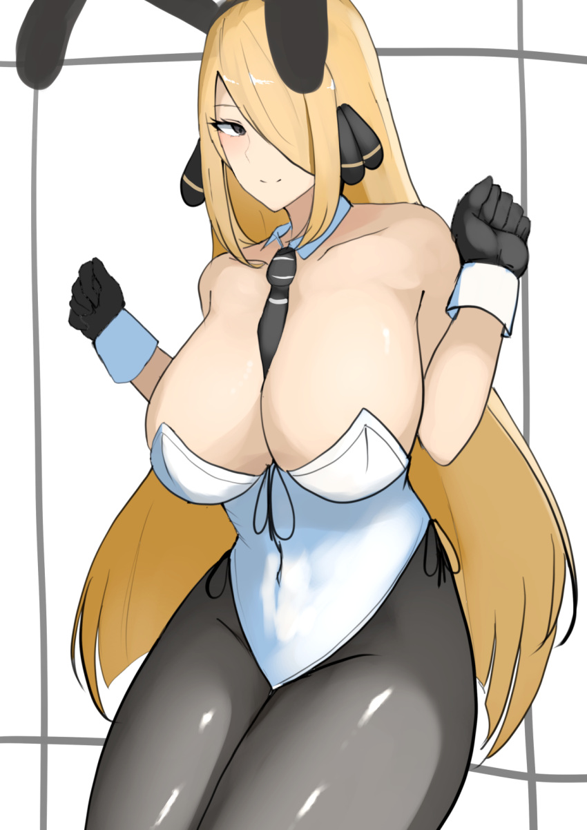 1girls alternate_breast_size bare_shoulders big_breasts black_leggings black_legwear blonde blonde_hair breasts bunny_ears bunny_girl bunnysuit cleavage clothed clothed_female collar collarbone cuffs cynthia_(pokemon) female gloves grey_eyes hair_ornament hair_over_one_eye hands_up hips huge_breasts large_breasts leggings leotard long_hair looking_at_viewer plain_background pokemon shiny_skin shoulders simple_background slim_waist small_waist smile solo standing tatsu_(user_rjes8545) thick thick_thighs thighs tie waist white_background white_leotard wide_hips