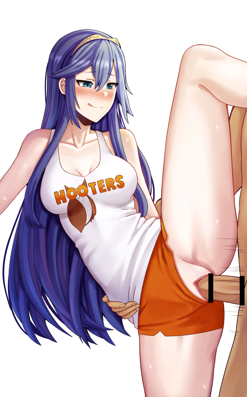 1girls :p alternate_costume bare_legs blue_eyes blue_hair blush breasts censored collarbone female_focus fire_emblem fire_emblem_awakening hooters leg_up licking_lips lucina_(fire_emblem) medium_breasts nintendo pussy saikunartworks sex shorts smile solo_focus sweat symbol-shaped_pupils tagme tank_top tiara tongue tongue_out vaginal_penetration white_background