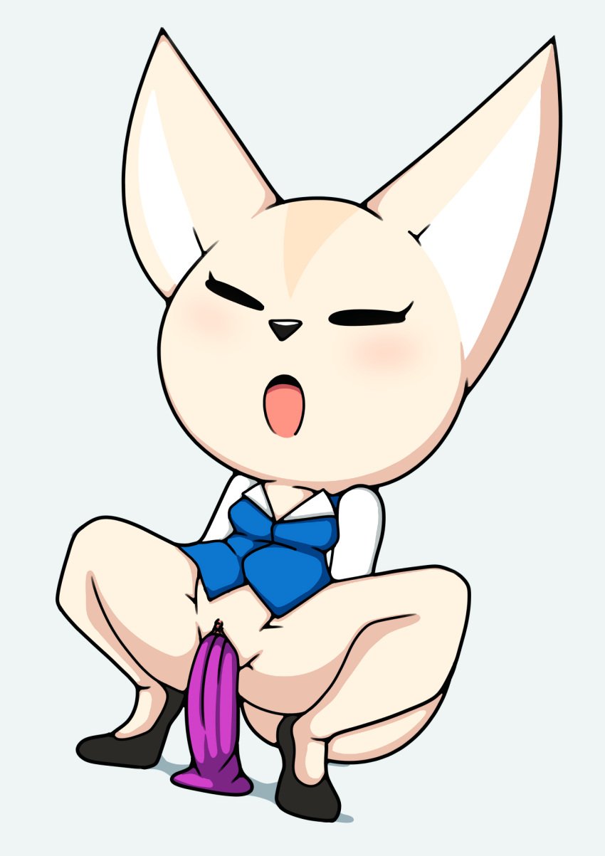 aggressive_retsuko anthro canid canine clothed clothing dildo dildo_insertion female fennec fenneko fox hi_res kcn mammal no_underwear office_lady partially_clothed sanrio sex_toy sex_toy_insertion simple_background smooth_fur solo spread_legs spreading