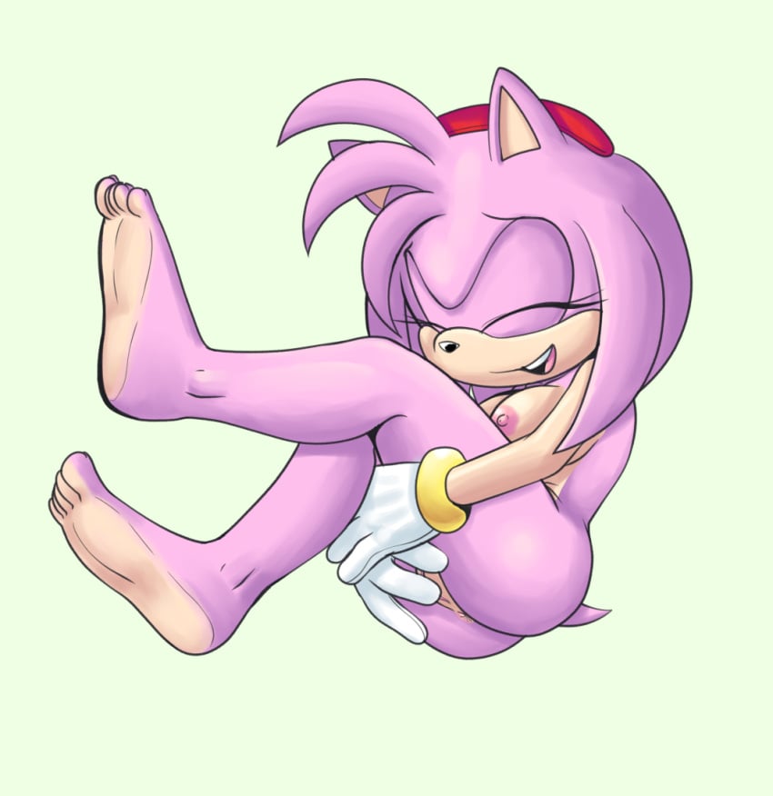 amy_rose closed_eyes clothing eulipotyphlan feet fours_(artist) fur genitals glee gloves handwear hedgehog jumping mammal mostly_nude nipples pink_body pink_fur pink_nipples pussy sega sonic_(series) sonic_the_hedgehog_(series)