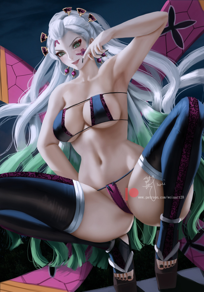 alternate_costume big_ass big_breasts bikini black_legwear black_nails black_thighhighs black_toenails cleavage daki_(kimetsu_no_yaiba) demon_girl demon_slayer eyepatch_bikini facial_markings female female_only gradient_hair green_eyes hair_ornament kimetsu_no_yaiba lingerie long_hair looking_at_viewer nail_polish okobo platform_footwear realistic sideboob smile solo spread_legs squatting stirrup_legwear string_bikini thick_thighs thighhighs toeless_legwear toenail_polish two_tone_hair underboob very_long_hair weisart white_hair