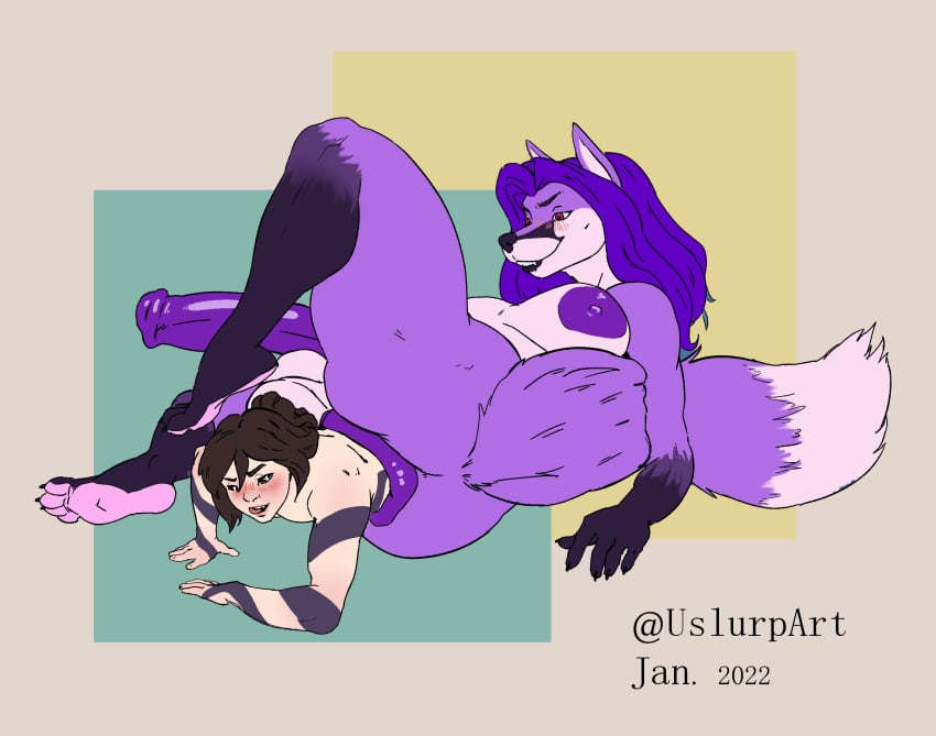 anal_vore anthro black_eyes blush donut_anus equine_penis furry gwyn_(gwynono) gwyn_ono licking_lips looking_back pale_skin purple_fur purple_hair purple_penis sharp_teeth tail tattoo uslurpart vore