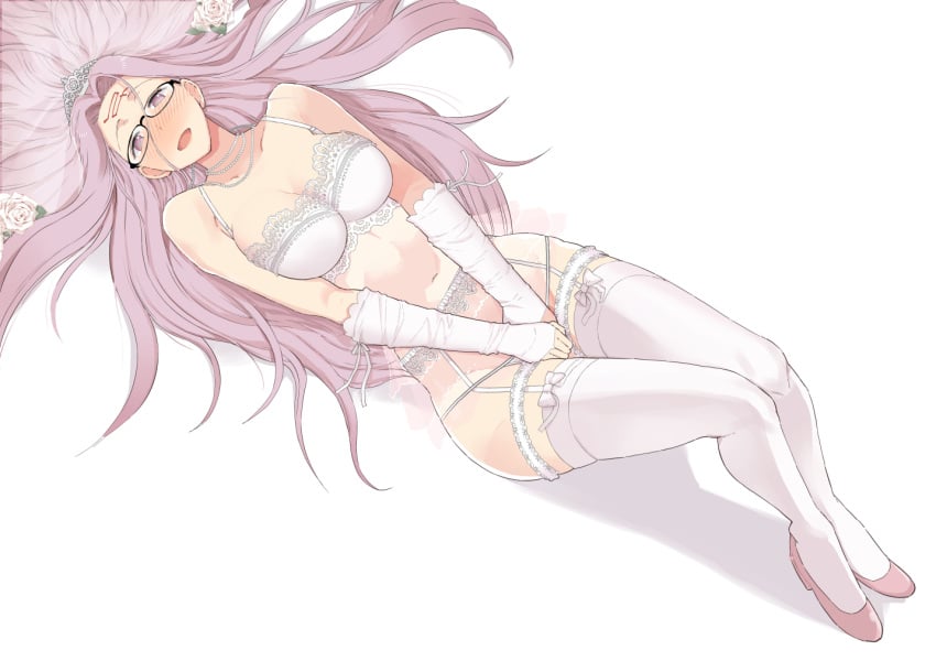 1girls blush cleavage covering_crotch fate_(series) garter_belt glasses happy kireina_mochi large_breasts lingerie long_hair looking_at_viewer lying medusa_(fate) shoes solo thighhighs