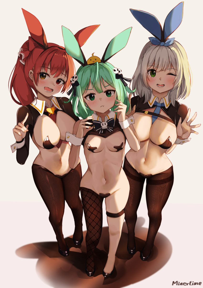 3girls ;) animal animal_ears animal_on_head bangs between_breasts bird bird_on_head black_pasties blue_necktie blush breasts brown_legwear cleavage closed_mouth commentary_request cross_pasties eyebrows_visible_through_hair fake_animal_ears female females_only frown green_hair hair_ribbon heterochromia highres hololive hololive_fantasy hololive_japan houshou_marine large_breasts long_hair long_sleeves looking_at_viewer maebari medium_hair meme_attire minertime multiple_girls navel necktie necktie_between_breasts on_head one_eye_closed open_mouth pantyhose pasties ponytail rabbit_ears red_eyes red_hair reverse_bunnysuit reverse_outfit ribbon shirogane_noel shrug_(clothing) silver_hair single_leg_pantyhose small_breasts smile standing stomach uruha_rushia virtual_youtuber wrist_cuffs x_pasties yellow_eyes