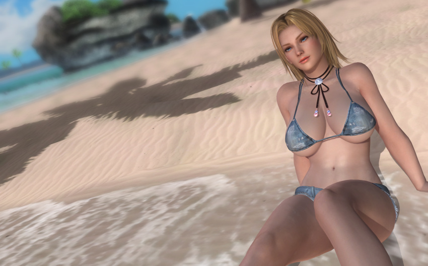 1girls 3d beach bikini blonde_hair blue_eyes dead_or_alive huge_breasts lounging seaside sitting_in_water thatsilkyboy tina_armstrong voluptuous