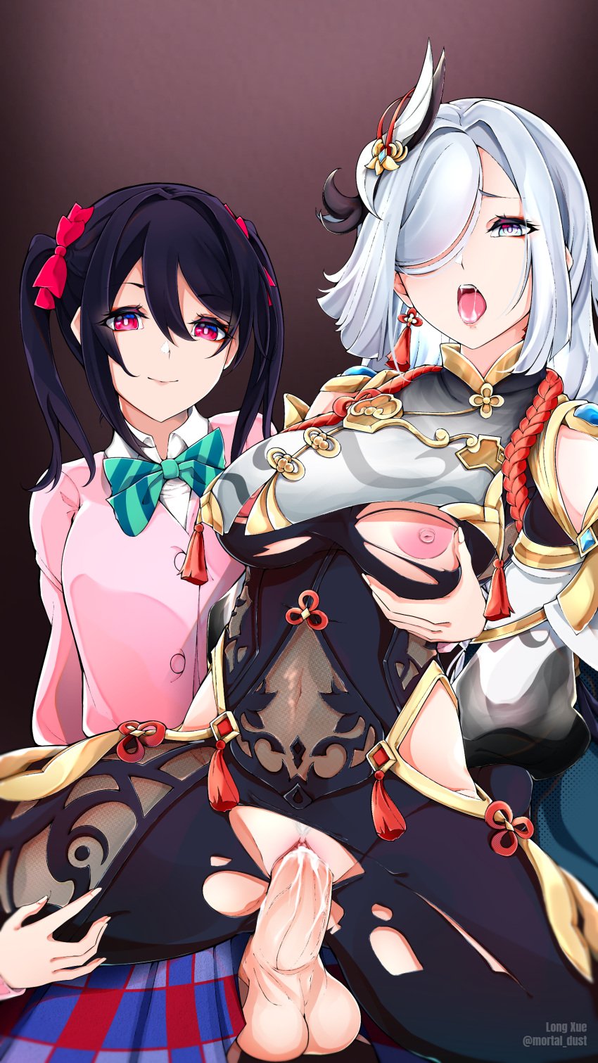 1futa 1girls areolae big_penis black_hair breast_grab breasts clothed clothed_sex clothing crossover cum cum_in_pussy cum_inside cumming dominant dominant_futanari duo erection female femsub futa_on_female futa_with_female futadom futanari futanari_penetrating genshin_impact hand_on_breast human light-skinned_female light-skinned_futanari light_skin long_hair long_xue looking_at_viewer love_live! love_live!_school_idol_project medium_breasts mostly_clothed nipples orgasm pale_skin penetration penis pink_eyes pussy ripped_clothing school_uniform schoolgirl sex shenhe_(genshin_impact) standing standing_sex submissive submissive_female twintails vagina vaginal_penetration vaginal_sex white_eyes white_hair yazawa_nico