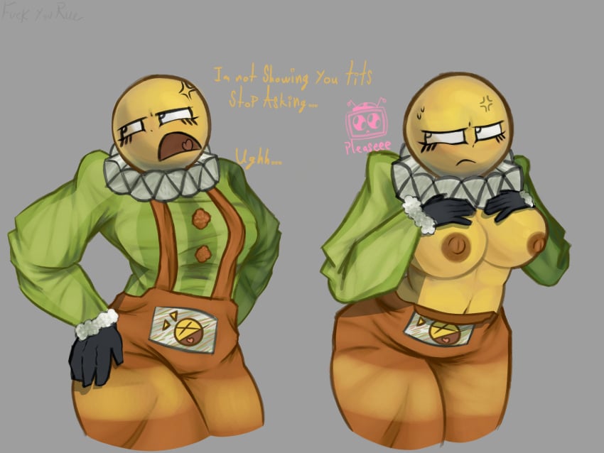 2girls annoyed annoyed_expression areolae breasts breasts_out charlatan_(forsaken) dialogue dignitysstatue forsaken_(roblox) nipples offscreen_character offscreen_female roblox roblox_game robloxian showing_breasts solo_focus tagme veeronica yuri