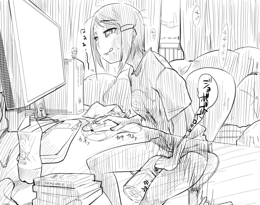 bottle computer eri_mizutani female flat_chest haruka_amami idolmaster keyboard microsoft monochrome peeing pepsi poopsock screen sitting sketch soda translation_request xbox xbox_360