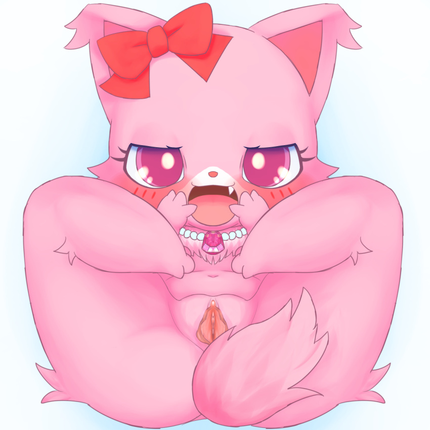 anthro bent_legs blush bunnag clitoral_hood clitoris cute_fangs domestic_cat felid feline felis female fur garnet_(jewelpet) genitals hi_res humanoid_genitalia humanoid_pussy jewelpet jewelry legs_up looking_at_viewer mammal navel necklace nude open_mouth persian_cat pink_body pink_eyes pink_fur pussy sanrio sega sega_toys simple_background solo spread_legs spread_pussy spreading thick_thighs urethra white_background